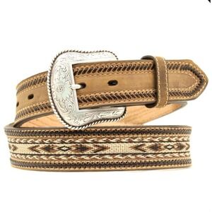 Nocona Mens 40 Brown Leather Western Belt Woven Inlay Engraved Buckle N2487644